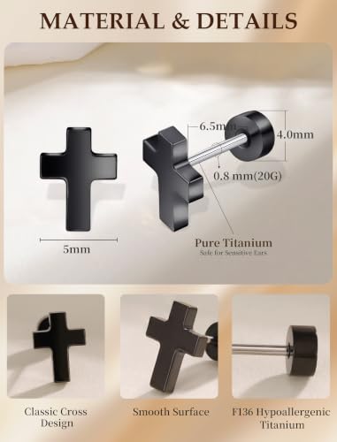 Limerencia Titanium Stud Earrings, Cross Earrings for Sensitive Ears - color: Black +Screw Back