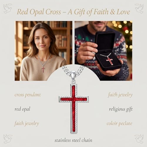 MRENITE Silver Natural Stone Cross Necklace, Classic Latin Cross Pendant Necklace for Unisex Women Man, Vintage Crystal Quartz Cross Necklace with 20+2 Inches Adjustable Cuban Chain - style: Red Opal