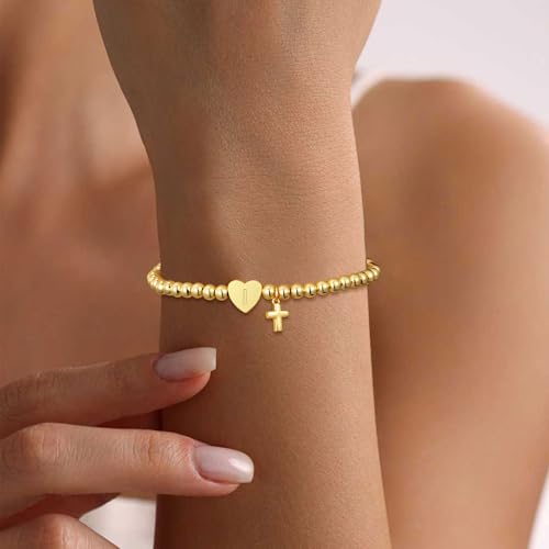 Initial Cross Bracelet for Women Heart Beaded Bracelets for Women Girl Gift - color: Gold-I