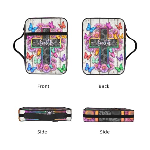 Cross Sunflower Butterfly Bible Cover Case with Handle and Zippered Pocket - color: Cross Sunflower Butterfly