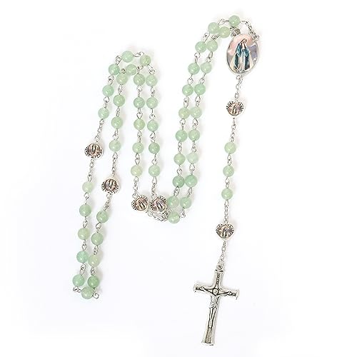 Nazareth Store Natural Stone Beads with Miraculous Epoxy Heart Metal Beads Rosary Necklace Gemstone Christian Gifts - color: Green Aventurine