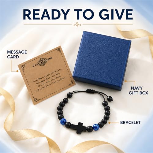 Boys Cross Bracelet, Adjustable Tiger Eye Bead Bracelet - color: B-Always Remember