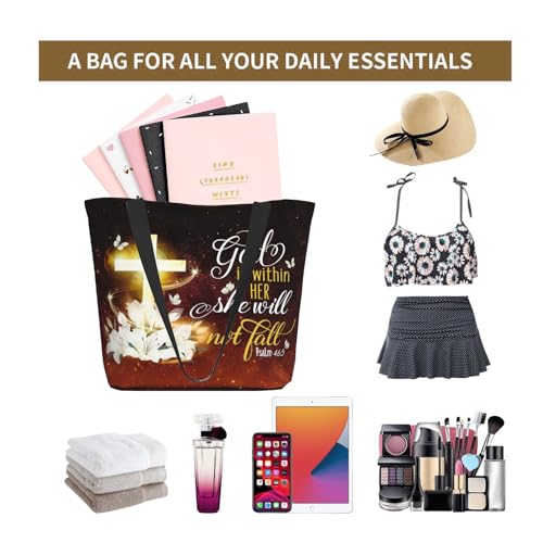 Women's Canvas Tote Bag with Zipper, Large Capacity Shoulder Bag for Work, Travel & Daily Use, Gifts for Mom - color: God is Within Her She Will Not Fall