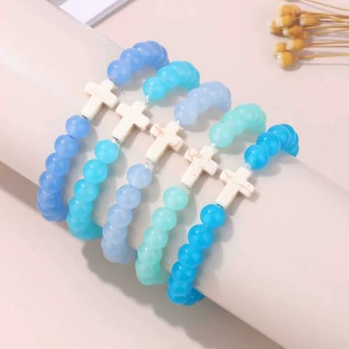 5Pcs Set Cross Beaded Crystal Turquoise Colorful Stretch Bracelet Christian Matching Strand Bracelet for Women Holiday Bohemian Boho Jewelry Multilayered Handmade - color: J