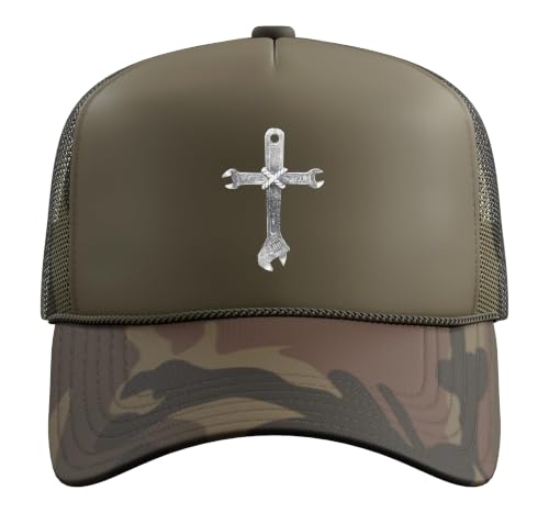 Mechanic Cross of Wrenches Inspiring Christian Faith Trucker Hat with Adjustable Mesh Back - color: Camo Green