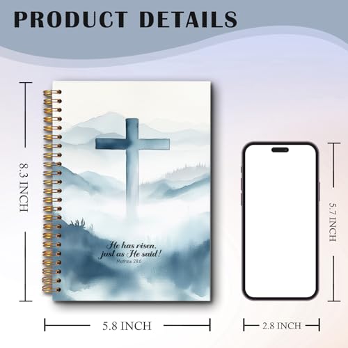 Exqcom Easter Christian Spiral Notebook, He Has Risen Bible Verse Journal Gifts for Women, Watercolor Blue Cross Religious Hardcover Notebook Journal Church Office School Supplies, 5.5x8.3 - color: white Bible Notebook-V