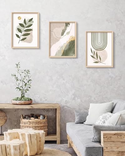 HesenDot Sage Green Framed Wall Art Set of 3,12x16IN High Wood Frame Design - color: High Frame Abstract Sage Green