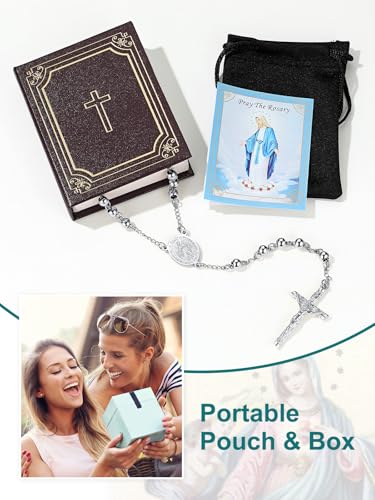 Supcare Rosary for Men Women Catholic Necklace Rosary Beads Customized - color: B01-Virgin Mary Silver with Case