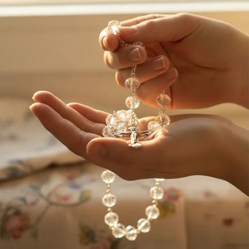 Nazareth Store White Clear Crystal Beads Rosary Prayer Beaded Necklace with Holy Soil Medal and Jesus Cross Communion Rosary