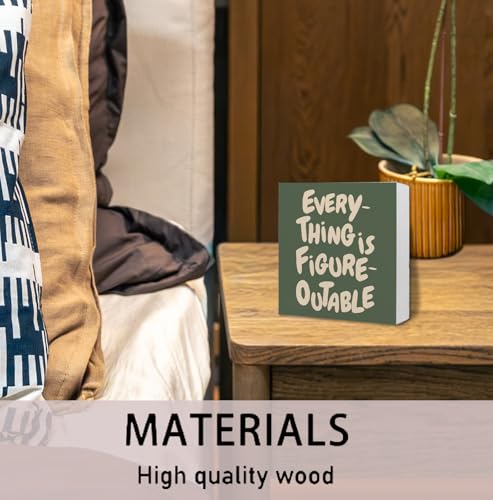 Sage Green Inspirational Everything Is Figureoutable Wooden Box Sign, Positive Affirmations Gifts, Motivational Wood Signs for Home Office Classroom Desk Table Shelf Decoration, 5x5 Inch - color: Sage Green