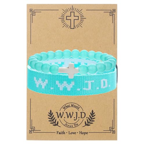 WWJD What Would Jesus Do Christian Stackable Bracelet Set for Women Men, Inspirational Faith Cross Beaded Elastic Wristbands, Religious Bible Verse Jewelry Gift for Church - color: Blue 2pcs A