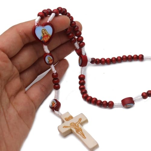 Handmade Wooden Crucifix Rosary Beads Chain Pendant Necklace Colorful Love Heart Catholic Cross Virgin Mary Jesus Necklace for Women Men Religious Lord Praying Jewelry - color: Blue