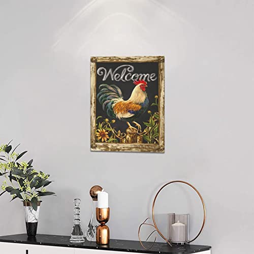 yerretin Farmhouse Rooster Wall Art Rustic Farm Chicken Pictures Wall Decor Country Canvas Painting Modern Artwork Home for Kitchen Bathroom Living Room Bedroom Office Framed 12"x16" - color: Chicken Welcome, size: 16"L x 12"W