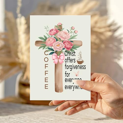 Christ Offers Forgiveness for Everyone Everywhere Card Christian Encouragement Cards Floral Coffee Lover Gift for Friend Bestie Church Member Pastor Mom Sister Coworker - color: Coffee Christ