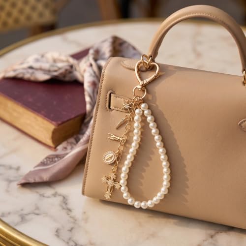 Cute Bag Charms Keychain - Pearl Keyring Wristlet Birthday Gifts - color: Gold Cross