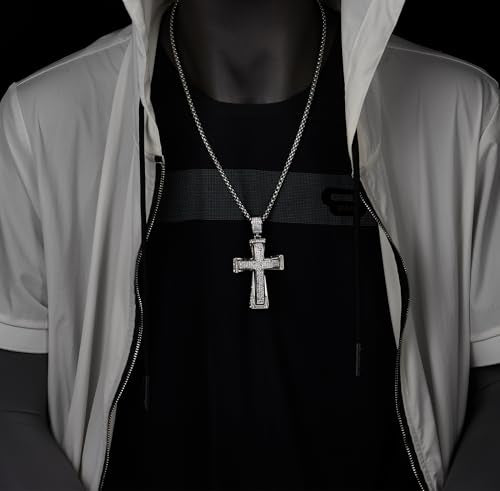 COOLSTEELANDBEYOND Mens Womens EXTRA LARGE Steel Cross Pendant Necklace with Cubic Zirconia and Wheat Chain - color: K-Metal Color: Rainbow Colorful