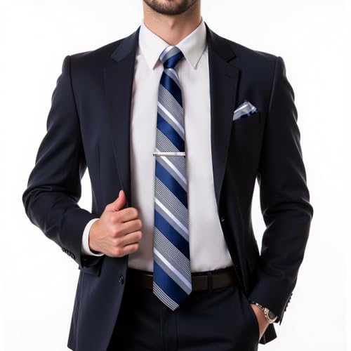 DiBanGu Mens Striped Tie Silk Woven Necktie and Pocket Square Cufflinks Tie Clip Set Wedding Business Formal Gift Tie for Men - color: Blue and Grey Stripe