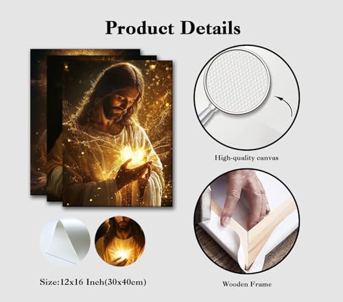 Jesus Canvas Wall Art, 3 Piece Gallery Wrapped Christian Prints, 12x16 - color: Sacred Heart of Jesus, size: 16"L x 12"W