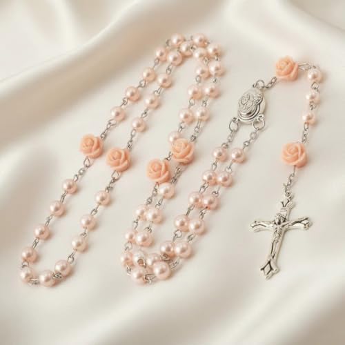 Nazareth Store Pink Pearl Catholic Rosary Necklace with 6mm Beads Rose Markers Madonna Holy Soil Medal Silver-Plated Crucifix 20 Inch