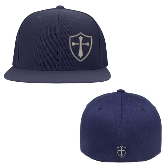 Crusader Cross Military Logo Front and Back Embroidered Fitted Hat Black Grey Navy Red Olive Royal Blue Curved or Flat Brim - color: Navy Flat, size: Small-Medium