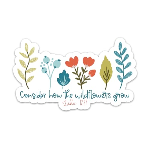 3PCs Consider How The Wildflowers Grow Sticker, Luke 12:27 Bible Verse Sticker, Floral Christian Stickers, Faith Religious Vinyl Waterproof Scripture Decals for Laptop Water Bottle Journal (3 Inches)