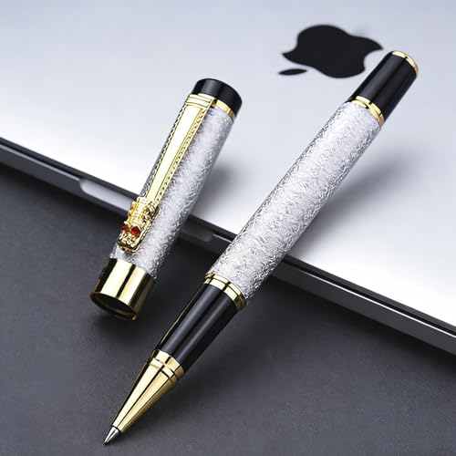 Fancy Pens for Women, Nice Rollerball Pens with Dragon Design, Elegant Gift Pen, Office & Signature Writing Pen, Refillable Black Ink Business Pen (White) - color: White