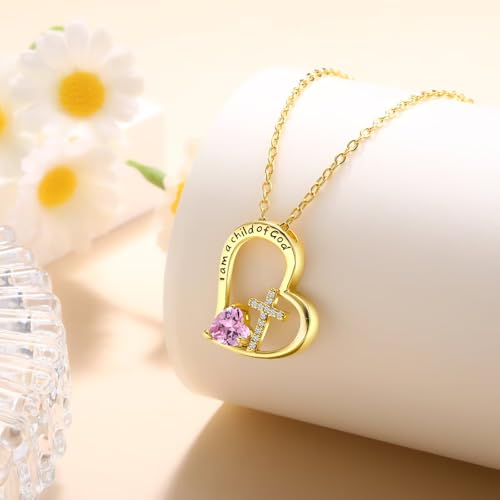 Birthstone Cross Necklace for Girls, Child of God Cross Gifts Jewelry - color: 10. October, style: 02. Yellow color