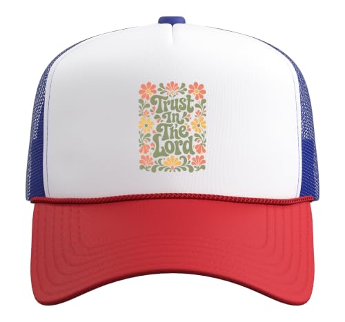 Trust in The Lord Christian Retro Floral Bible Verse Trucker Hat with Adjustable Mesh Back - color: Red/White/Royal Blue