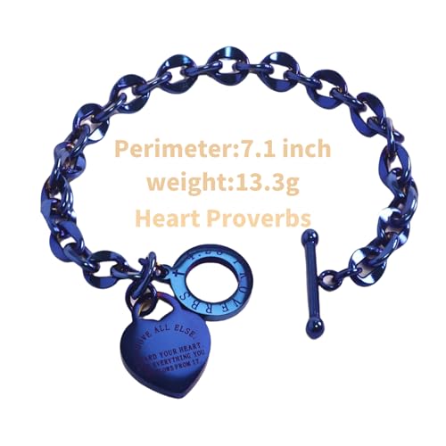 Heart Charm Bracelet Plated 18K Gold/Silver/Rose Gold Bible Scripture Heart Bracelet for Women Jewelry Gift Her Link Chain OT Clasp Stainless Steel - color: Blue(7.1 inch)
