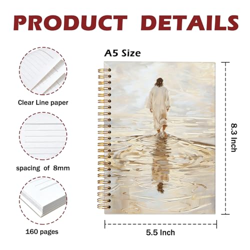 Christian Journal, Bible Study Notebook, Bible Notebooks for Note Taking, Jesus Walking on Water Church Hardcover Spiral Notebook for Women Man, 5.5x8.3 Inch - color: Jesus-1