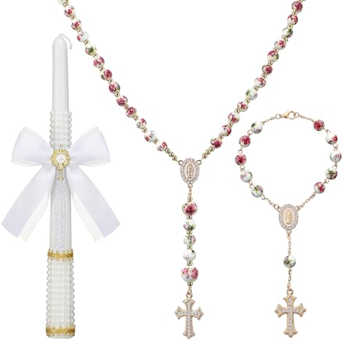 WILLBOND 3 Pcs First Communion Rosary and Candle Present Set, Rose Rosary