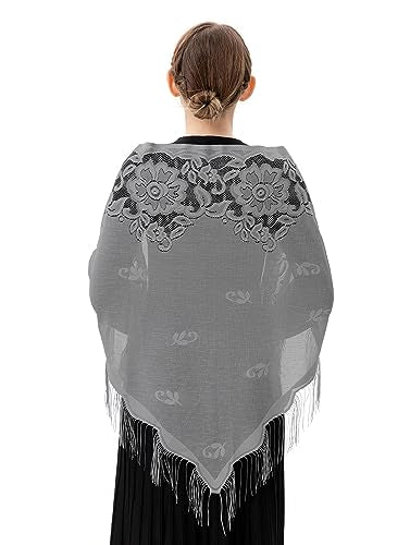 PAMOR Triangle Catholic Church Veil Chapel Veil Scarf Mantilla Veils Wrap Shawl Mass Head Covering with Fringe Trim - color: Gray