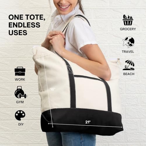 Canvas Tote Bag with Zipper & External Pocket, Reusable Grocery Shopping Tote Bag with Handles for Groceries - color: Black