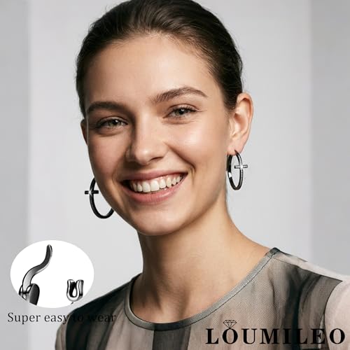 LOUMILEO Sterling Silver Cross Hoop Earrings for Women Rhinestone 20-40MM - color: Black 30MM