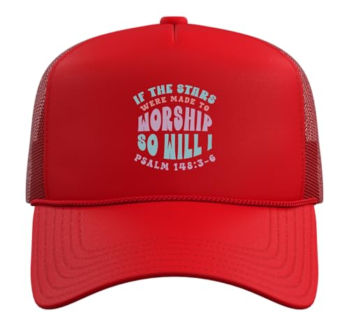 Christian Faith If Stars were Made to Worship Bible Verse Trucker Hat with Adjustable Mesh Back - color: Red