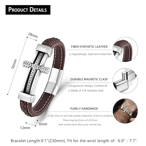 Leather Cross Bracelet Braided Faith Bangle for Men, 8.3 &9.1 Inch - color: 07.brown leather; Style: wheat cross, size: 9.1in(Fits larger wrists)