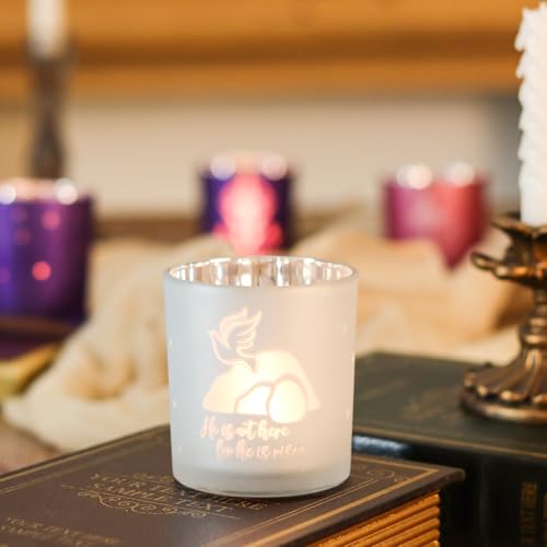 SHMILMH Easter Decorations for Religious Home Decor, He is Risen Decor Table Centerpiece, Christian Easter Decor Frosted Glass Votive Tealight Candle Holders Set of 4