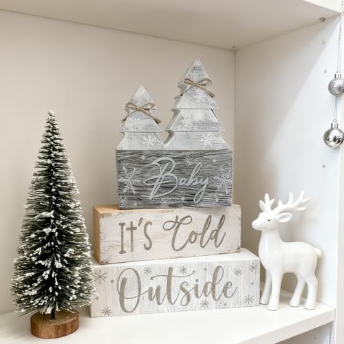 4 Pcs Christmas Decorations Indoor - Christmas Tree Table Decoration for Home - Wooden Centerpiece For Table - Winter Tiered Tray Decor Rustic Farmhouse Xmas Gift for Home Kitchen Mantel - style: White-Tree