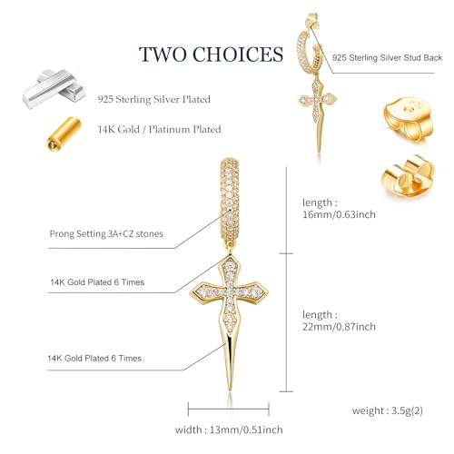 TOPGRILLZ Cross Hoop Dangle Earrings 925 Sterling Silver 5A+ Cubic Zirconia 14K Gold Hypoallergenic Cross Hoop Cuff Huggie Drop Earrings For Men Women - color: 14K Gold