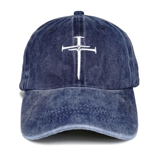 Christian Redeemed Cross Nails Hats for Men Women, Vintage Adjustable Cotton Embroidered Front & Back Baseball Cap - color: Christian-navy