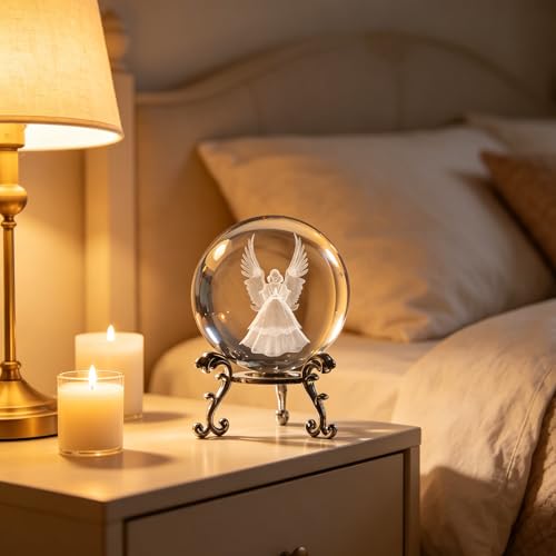2.36in 3D Laser Crystal Guardian Angel Figurine Crystal Ball Paperweight with Stand Base - 3D Engraving Crystal Praying Angel Gift Home Decor - color: Angel_005