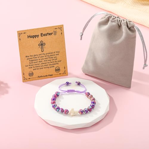 First Communion Confirmation Gifts for Girls, Cross Natural Beads Bracelet Christian Religious Jewelry Gifts for Kids Teen Girls - style: Style-2