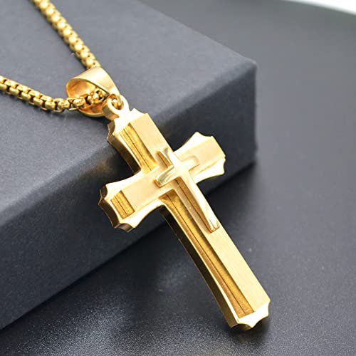 OLEVS Men's Cross Pendant Necklace Large Stainless Steel Cross Pendant Necklace for Men Women - color: gold-all