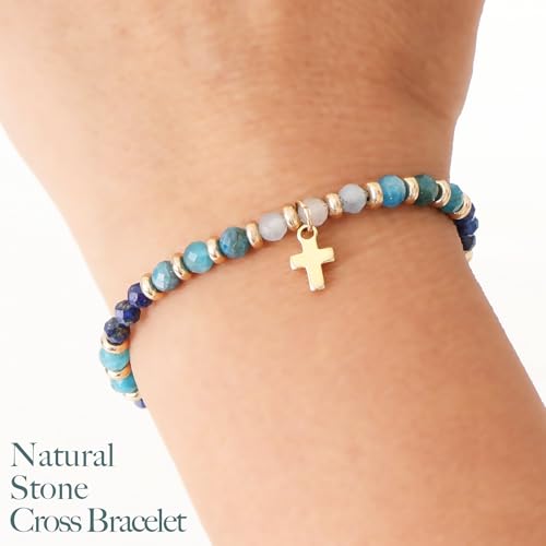 Christian Gifts for Women, Cross Bracelet, Natural Stone Beaded Jewelry - color: Blue