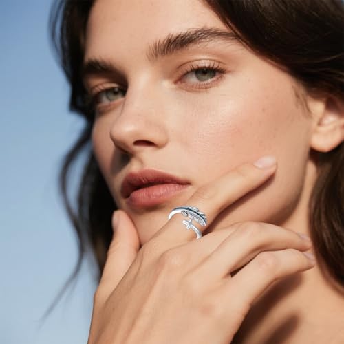 Turquoise/Moss Agate/Moonstone/Black Onyx/Lapis Lazuli/Labradorite/Tiger Eye Feather Ring 925 Sterling Silver Adjustable Ring Western Vintage Jewelry Gifts for Women - color: White-A08