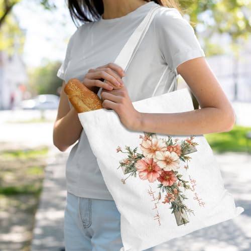 VICBOU Bible Verse Canvas Tote Bag Religious Christian Gifts for Women Men Faith Canvas Tote Reusable Grocery Bag - color: Crossflowers01