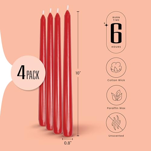 Leor & Lair Red Taper Candles, 4 Pack, 10" Unscented Red Candles - color: Red