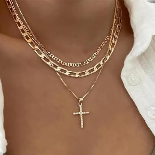 Cross Necklace for Women Stack 14K Gold/Silver Plated Layered Necklace - color: GD