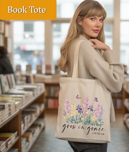 Aesthetic Christian Gifts Tote Bag for Church, Religious Tote Bag for Bible Study, Medium Size with Inner Pocket - color: Grace