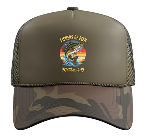Fishers of Men Matthew 4-19 Bible Christian Fishing Lover Trucker Hat with Adjustable Mesh Back - color: Camo Green